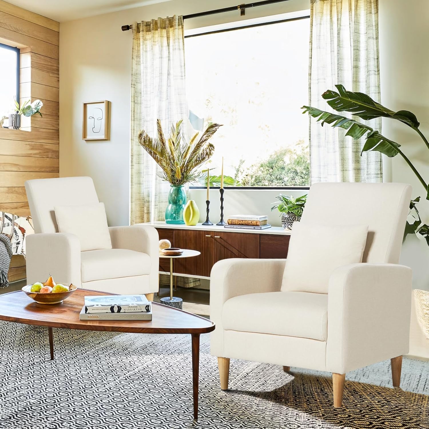 COLAMY Sherpa Upholstered Accent Chair Armchair with Pillow, Fabric Reading Living Room Side Chair,Single Sofa with Lounge Seat and Wood Legs, Cream