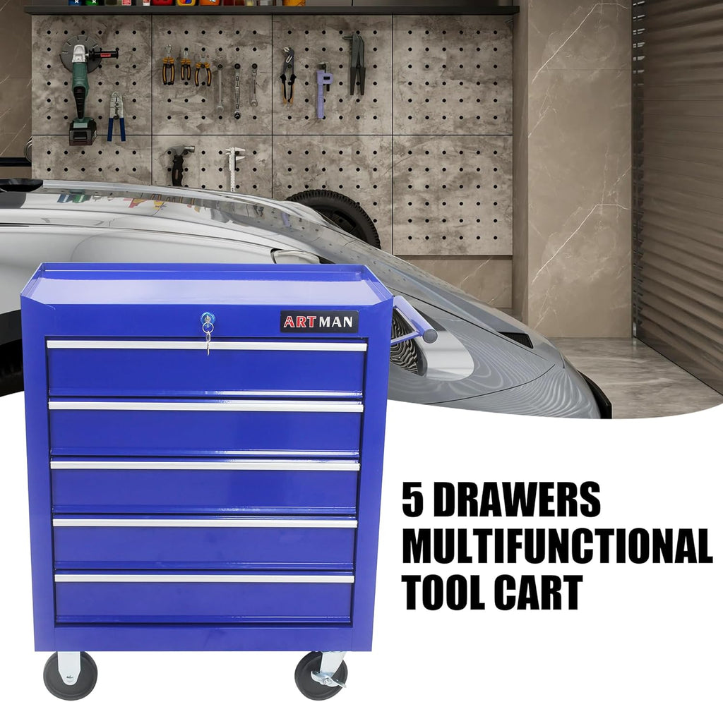 RYH 5 Drawers Rolling Tool Chest & Tool Box on Wheels | Heavy Duty Metal Cart with Ball Bearing Drawers | Fits US General Tool Box for Garage Storage (Blue, 5 Drawers（29.9" H × 24.2" W × 12.9" D)