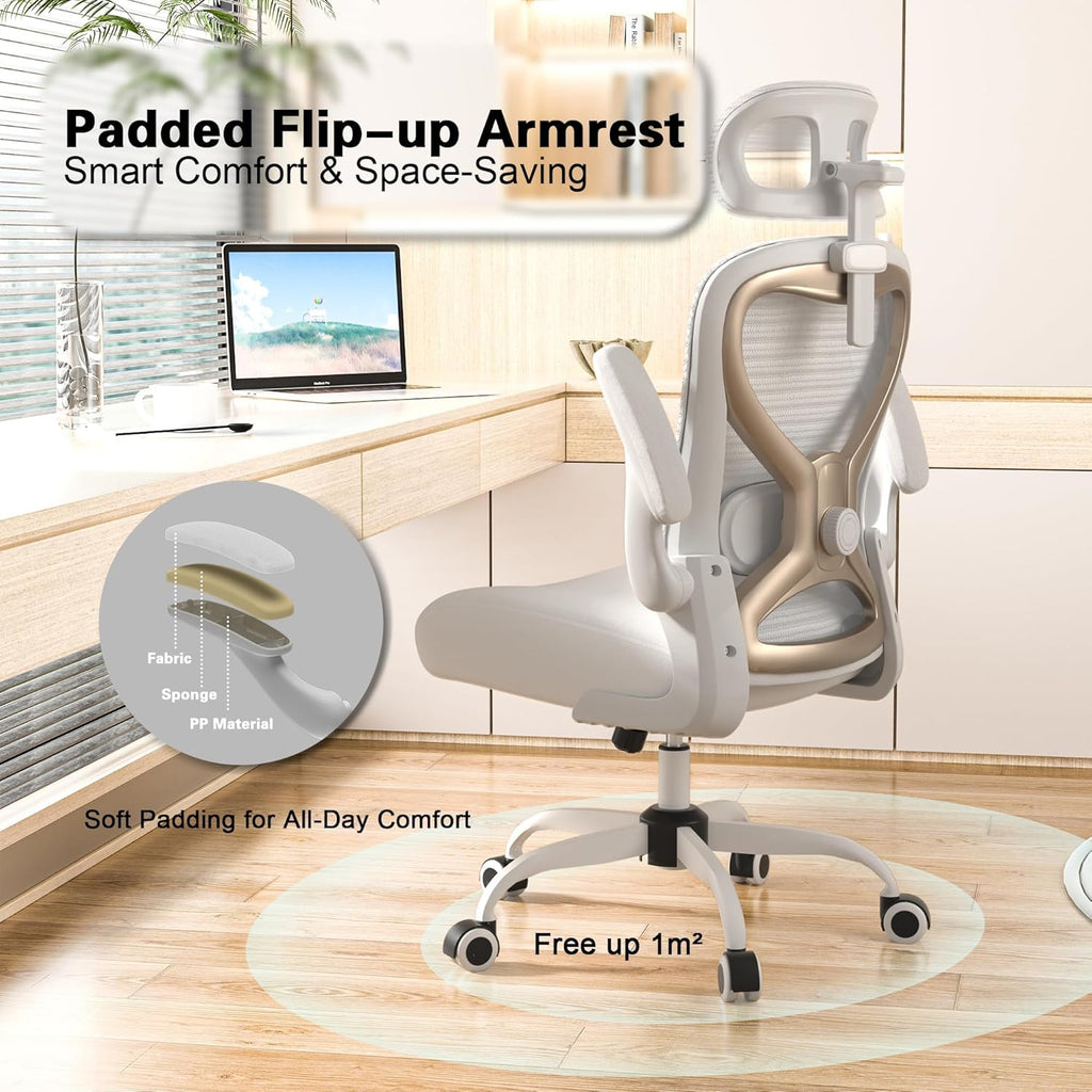 Ergonomic Office Chair for Back & Neck Pain Relief, Virgin Foam Seat, 2D Adjustable Lumbar & 3D Headrest, Tilt & Rock for Relaxation, Ideal for Long Sitting Comfort, White/Gold