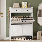 BORNOON Shoe Storage Cabinet for Entryway, Farmhouse Narrow Shoe Cabinet with 2 Flip Drawers & Top Drawers, Adjustable Shelves & Hooks, Freestanding Hidden Rack Organizer for Hallway, Foyer