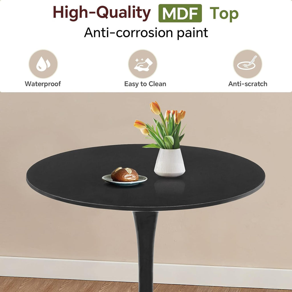 Round Dining Table 27.5" Black Tulip Table with Pedestal Base for 2-4 People Small Space - Kitchen Living Room Cafe