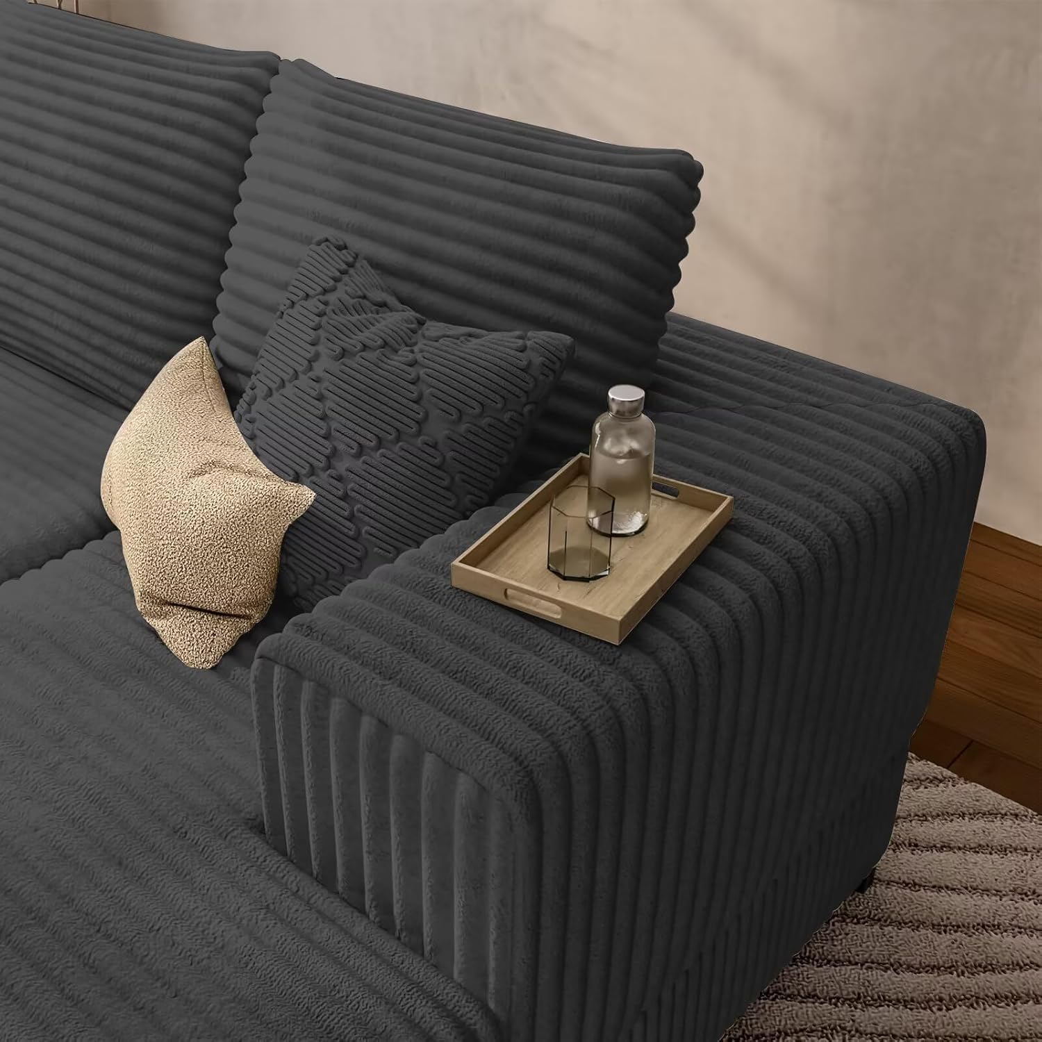106" Cloud Sectional Sofa with Chaise Lounge, Modular L Shaped Couch with Iron Frame, Modern Fluffy Corduroy Couches for Living Room, Bedroom, Office, Left Facing Chaise, Gray