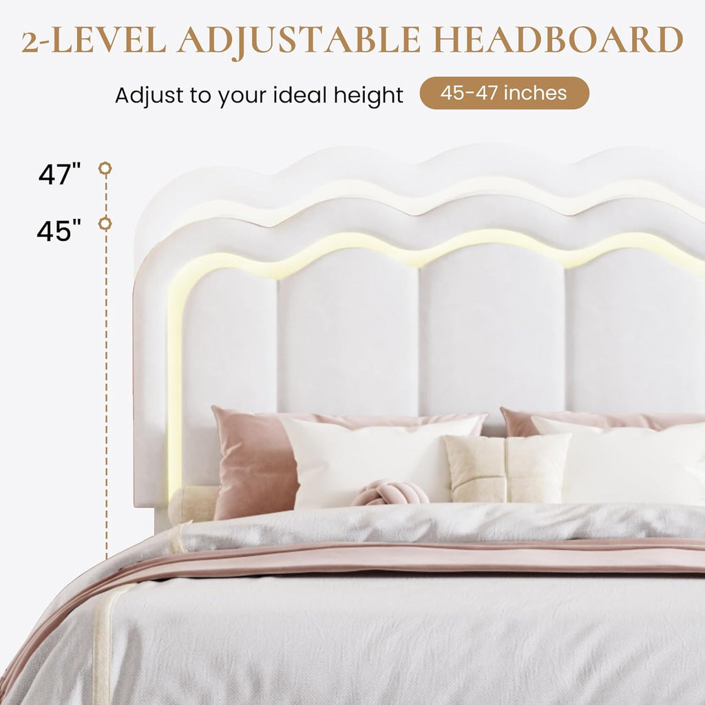 SHA CERLIN Upholstered Full Size Bed Frame with LED Lights and Large Storage Drawer, Velvet Platform Bed with Adjustable Wavy Headboard, Noise Free, Easy Assembly, No Box Spring Needed, Soft White