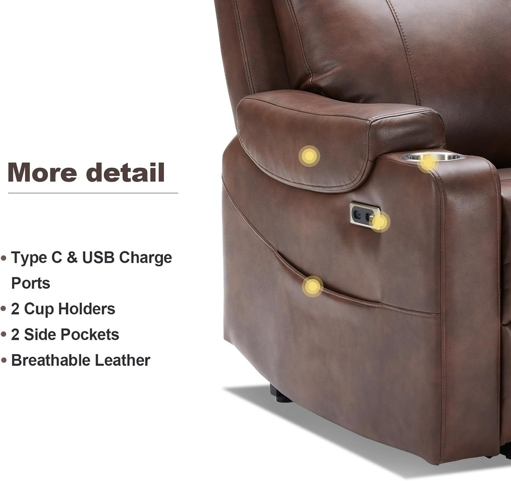 Triple Motor Power Lift Recliner Chair with Adjustable Lumbar Support, Lay Flat Recliner for Elderly, Breathable Brown Leather Recliner, Lift Chair Massage & Heating, USB Ports, Cup Holders