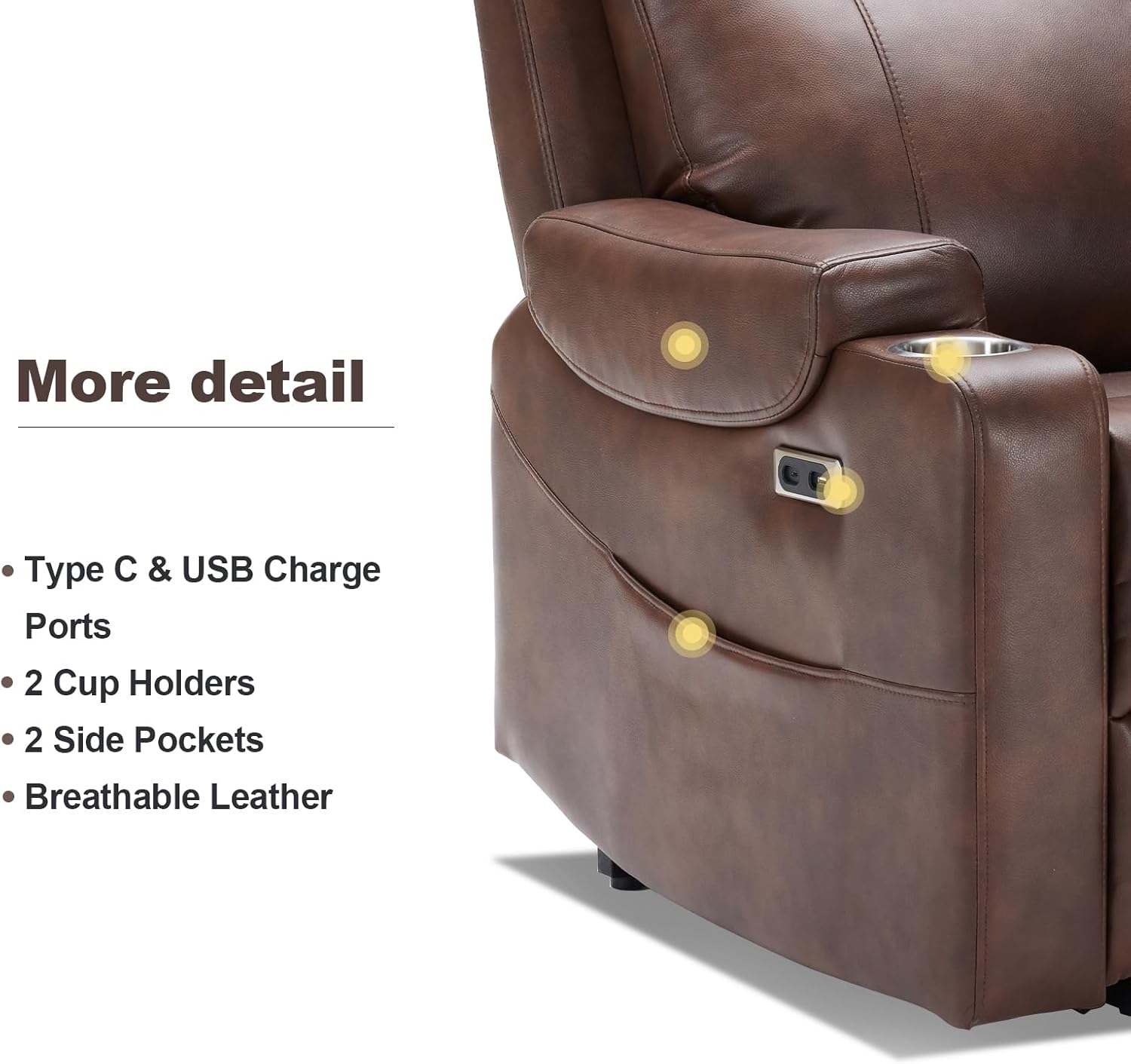 Triple Motor Power Lift Recliner Chair with Adjustable Lumbar Support, Lay Flat Recliner for Elderly, Breathable Brown Leather Recliner, Lift Chair Massage & Heating, USB Ports, Cup Holders