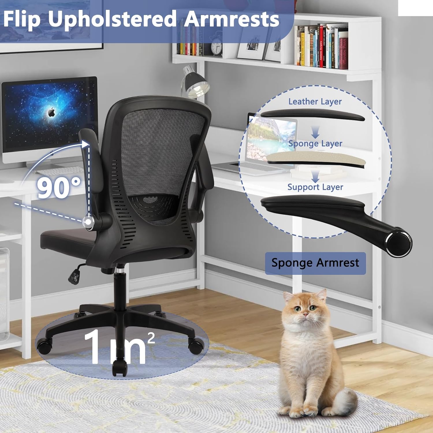 CLATINA Desk Chairs with PU Leather Seat, Flip Up Arms Ergonomic Mesh Back Office Chair with Lumbar Support, Adjustable Height Swivel Rolling Computer Chairs for Home Conference Meeting, Black, 4 Pack