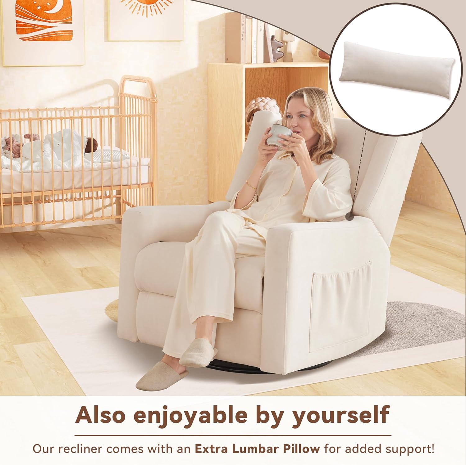 Tbfit 360° Swivel Recliner Chair,Nursery Rocking Chair with Lumbar Support for Bedroom, Comfy Upholstered Armchair with Pillows & Footrest for Living Room (Hidden Ring Handle, Beige)
