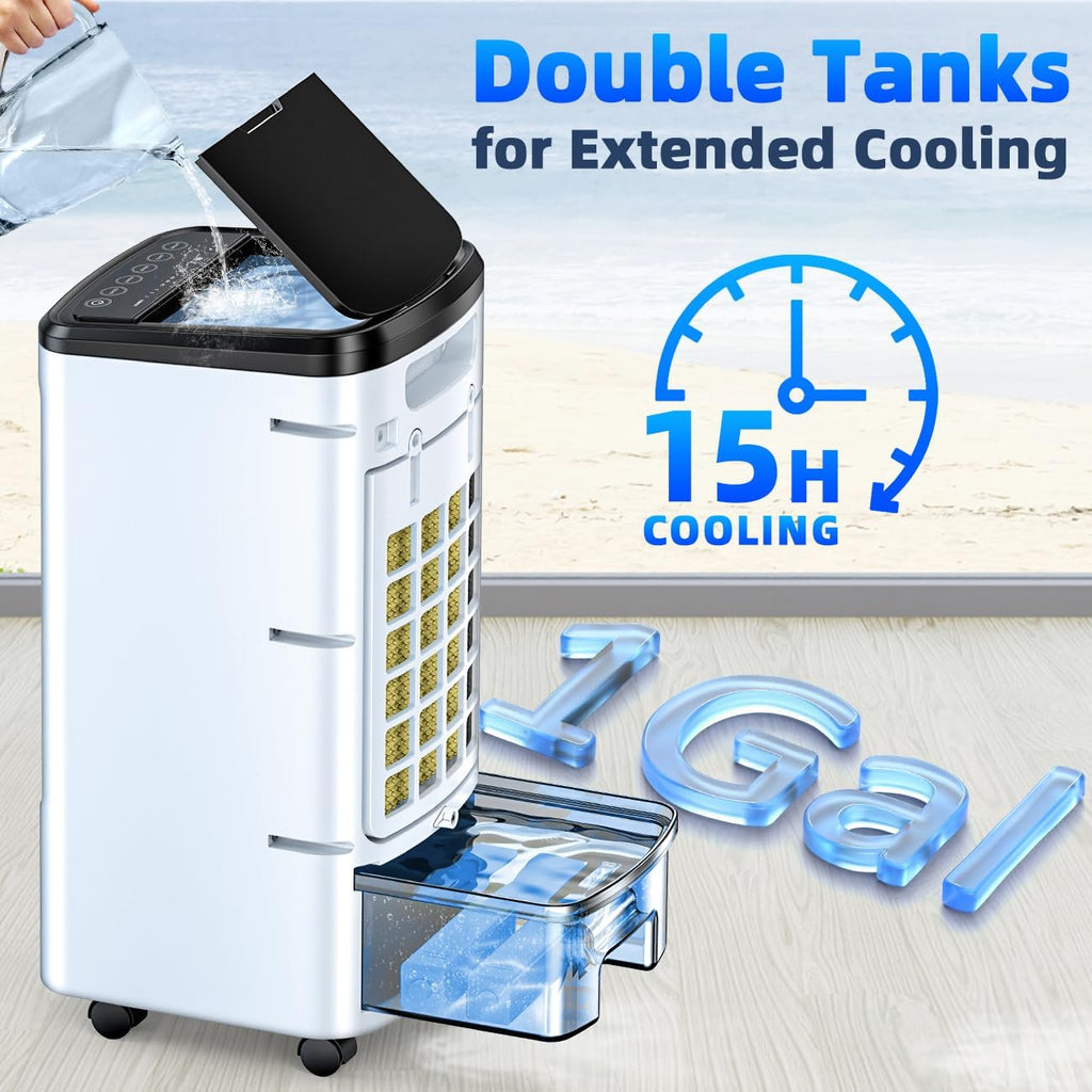 Windowless Portable Air Conditioners w/Dual Tank for 24H Cooling 600Sq.ft, 6 Ice Packs, 4 Modes&3 Speeds Swamp Cooler, 12H Timer 26Ft Remote, 120°Swing Evaporative Air Cooler for Room Bedroom