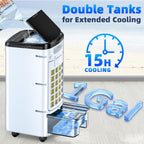 Windowless Portable Air Conditioners w/Dual Tank for 24H Cooling 600Sq.ft, 6 Ice Packs, 4 Modes&3 Speeds Swamp Cooler, 12H Timer 26Ft Remote, 120°Swing Evaporative Air Cooler for Room Bedroom