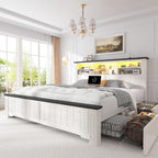 EnHomee Queen Bed Frame with Headboard and Storage, 4 Drawers and LED Built in Charging Station Bed Frame Queen Size with Storage Farmhouse, NO Noise,No Box Spring Needed, White