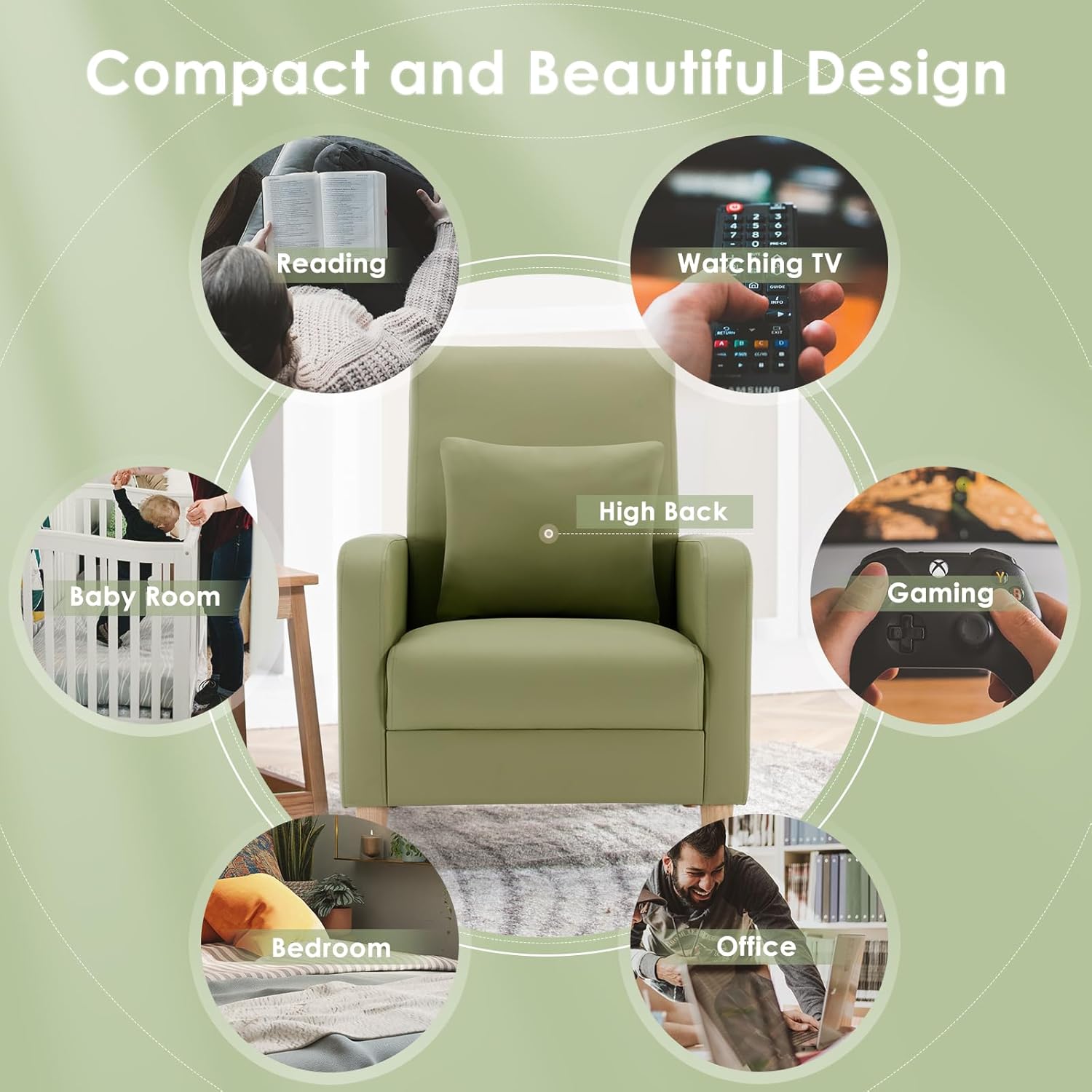 COLAMY Mid-Century Modern Upholstered Accent Chair with Back Pillow & Solid Wood Legs, Leather Cozy Armchair for Living Room, Bedroom, Reading Nook, Apartment & Small Spaces, Green