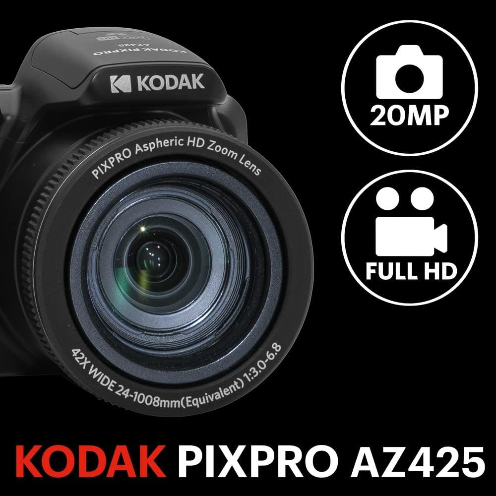 Kodak PIXPRO AZ425-BK 20MP Digital Camera  42X Zoom  24mm Wide Angle Lens  Image Stabilization  1080p Full HD Video  3" LCD  Black