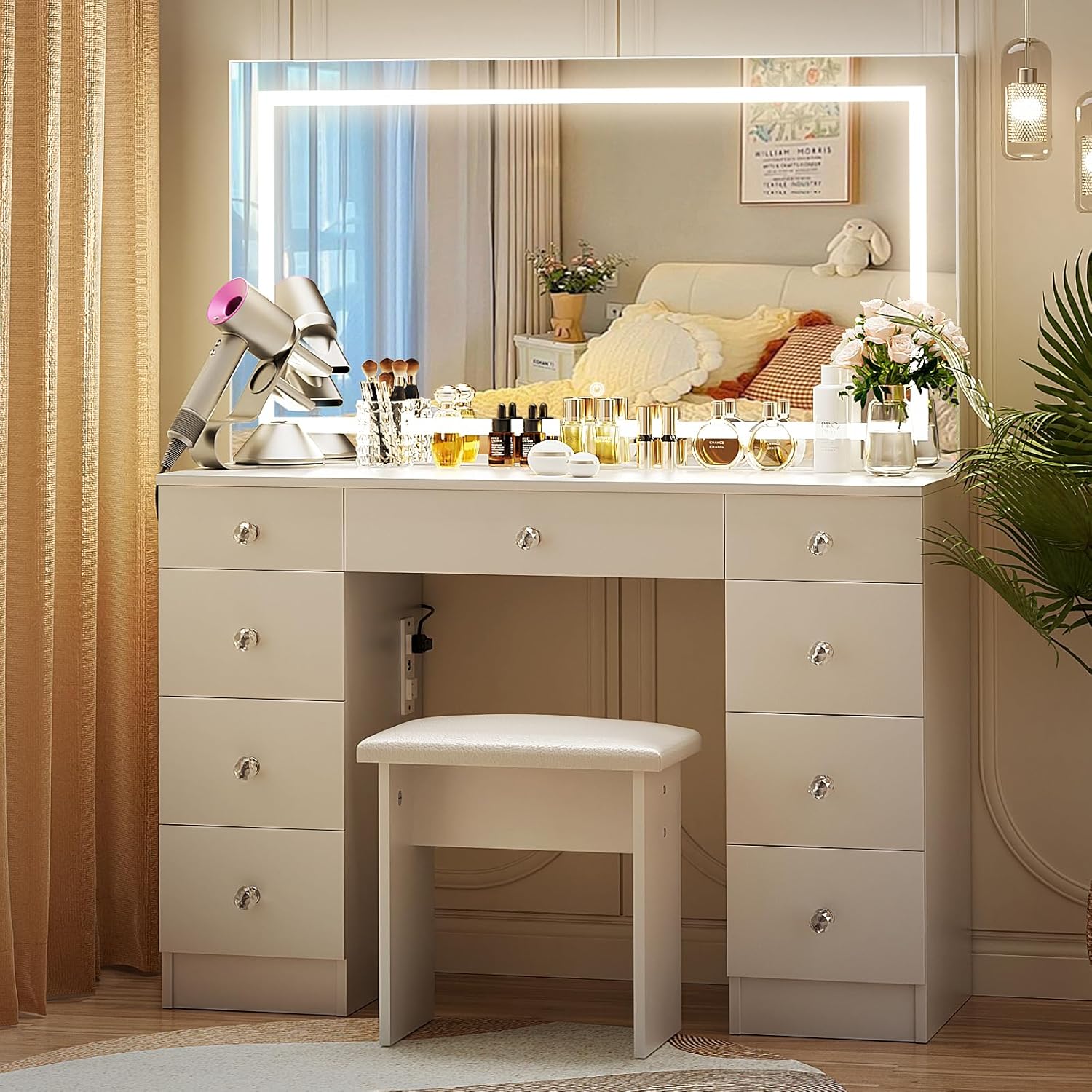 VOWNER Vanity With Lighted Mirror - Makeup Desk With Power Outlet and 9 Drawers, 3 Color Lighting Modes Adjustable Brightness, 43" Table With Soft Cushioned Stool for Bedroom, White