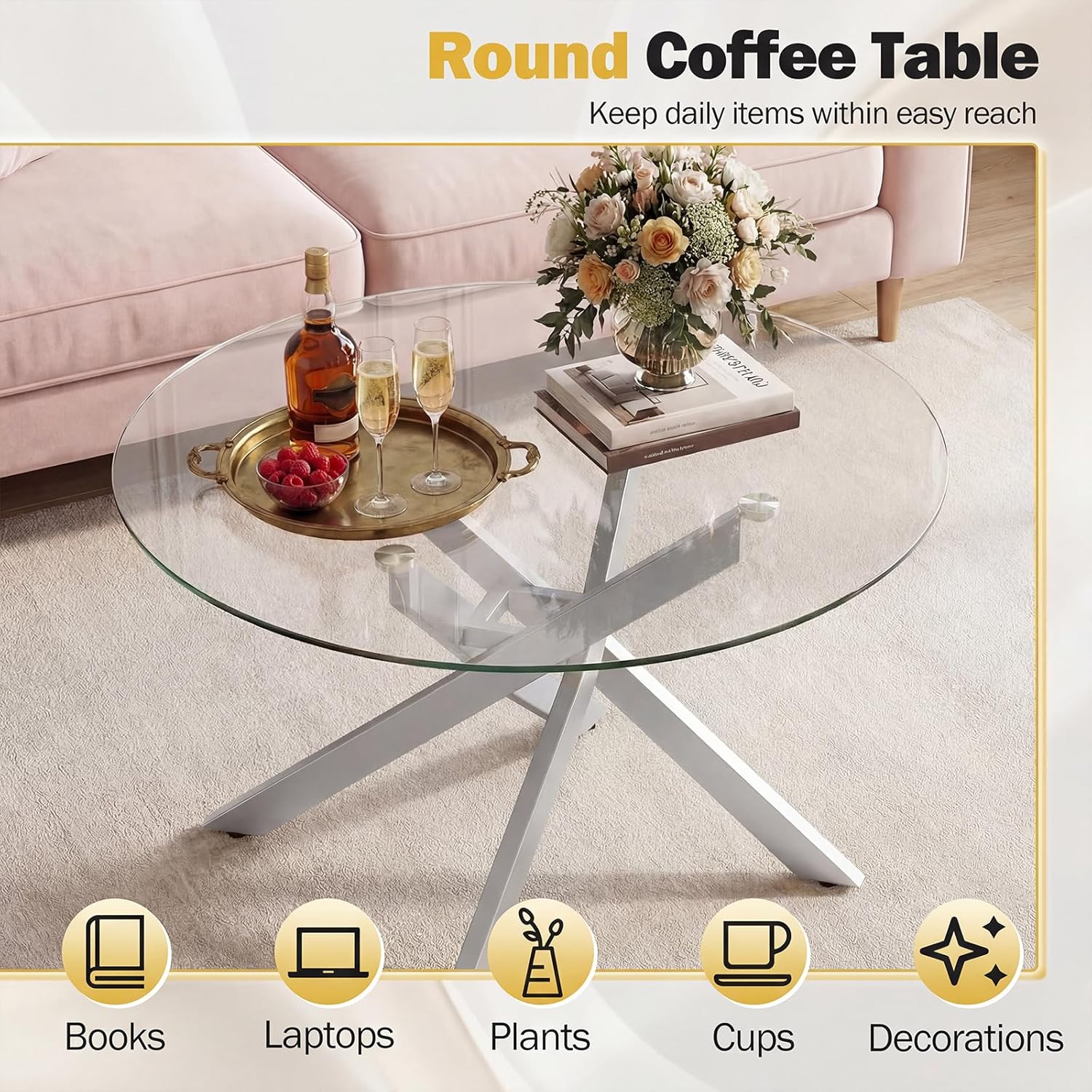 Giantex Round Glass Coffee Table, 31.5" Modern Center Table with Tempered Glass Top & Geometric Metal Frame, Clear Accent Cocktail Table, Small Coffee Table for Living Room, Small Spaces (Silver)
