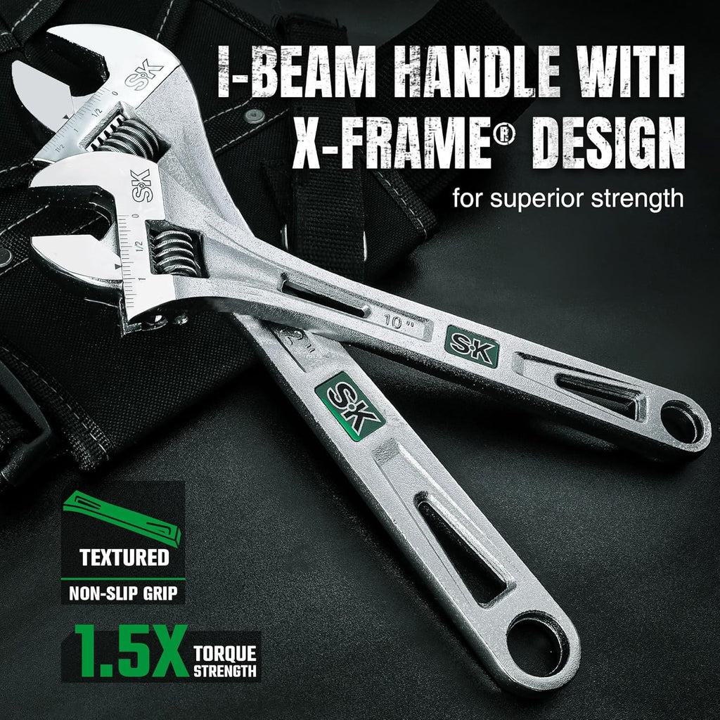 SK 3-Piece Adjustable Wrench Set, 6-Inch, 8-Inch, 10-Inch, Cr-V Steel, SAE & Metric Scales