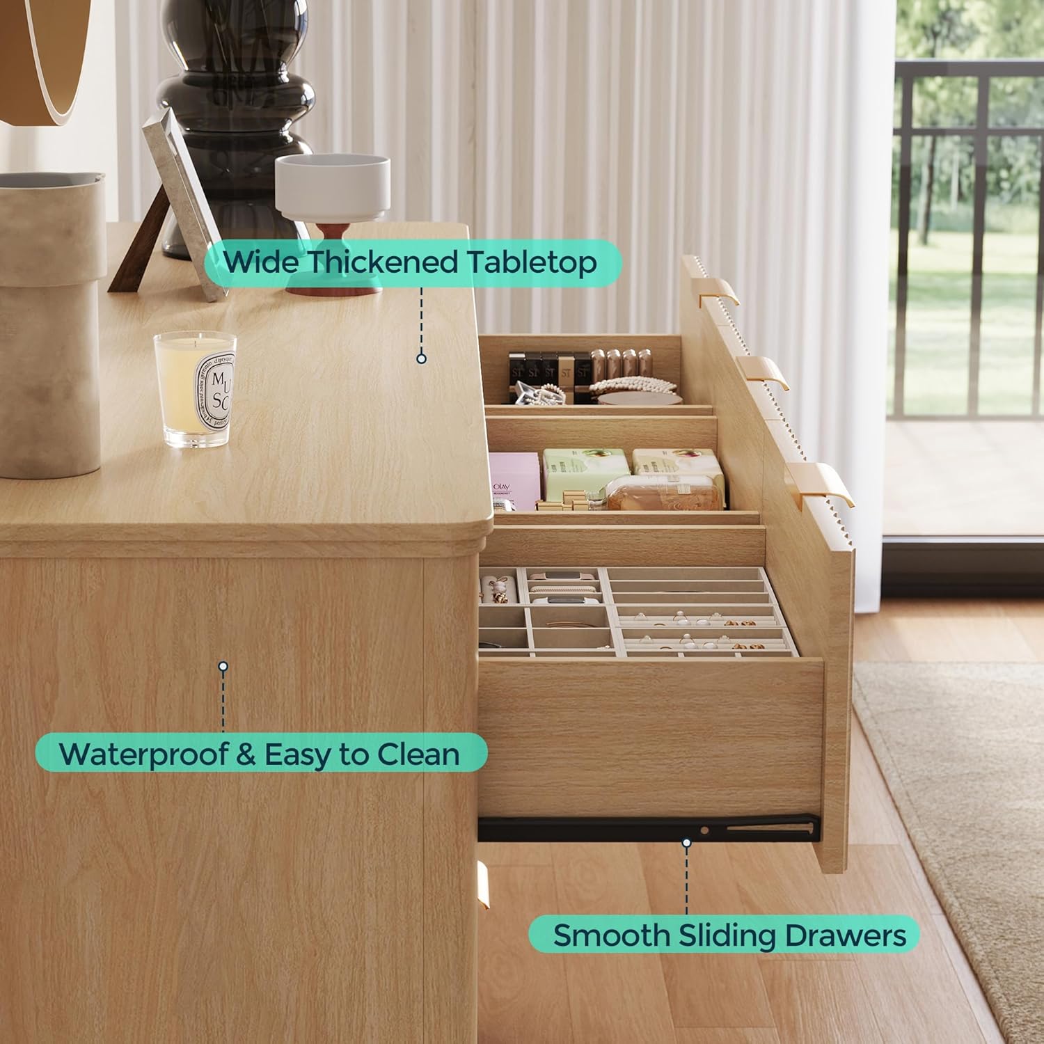 LINSY HOME Fluted Dresser for Bedroom with 9 Drawers, 58" Wide Mid Century Modern Dresser, Tall Boho Chest of Drawers, Large Wood Accent Storage Cabinet for Living Room, Curved Profile Design, Oak