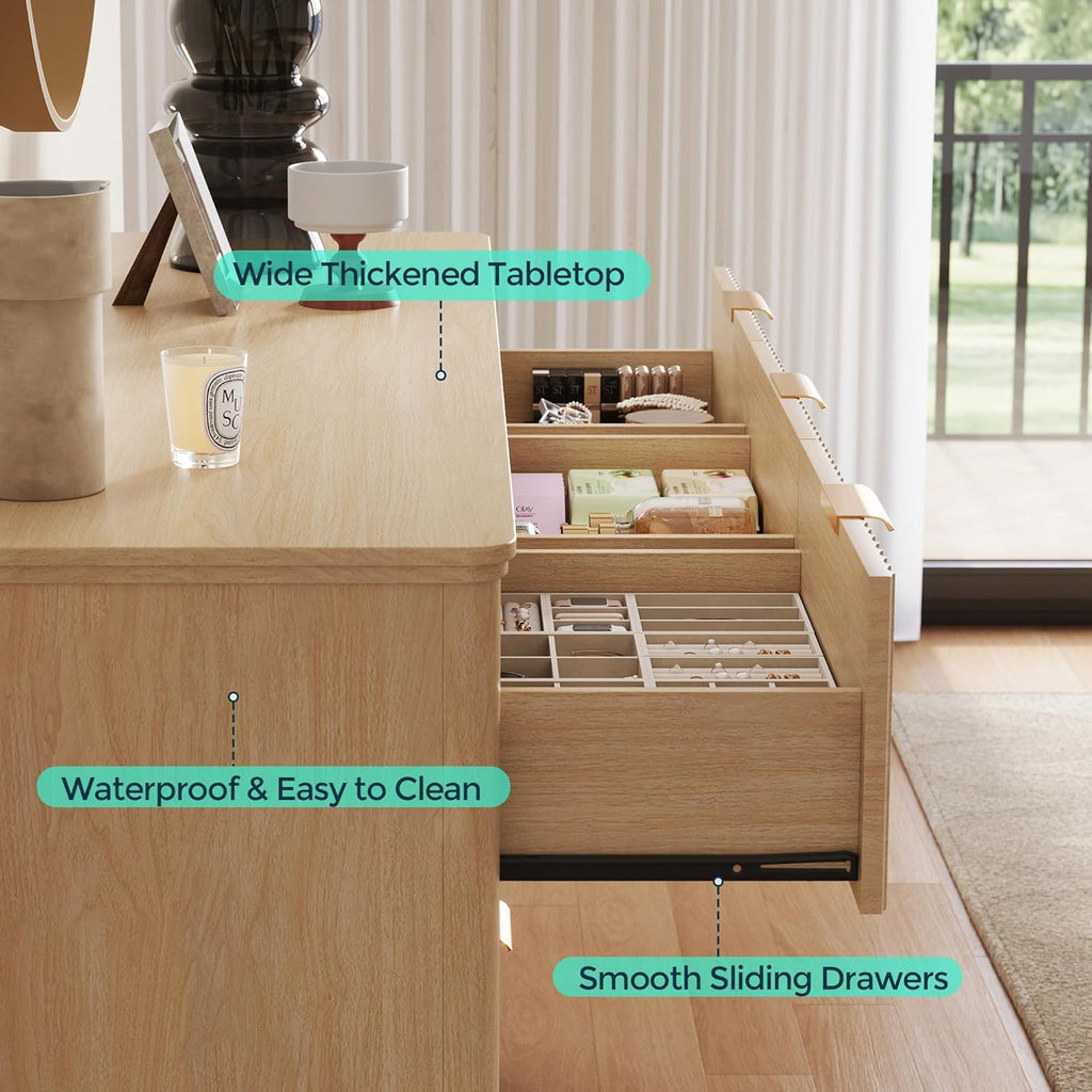 LINSY HOME Fluted Dresser for Bedroom with 9 Drawers, 58" Wide Mid Century Modern Dresser, Tall Boho Chest of Drawers, Large Wood Accent Storage Cabinet for Living Room, Curved Profile Design, Oak