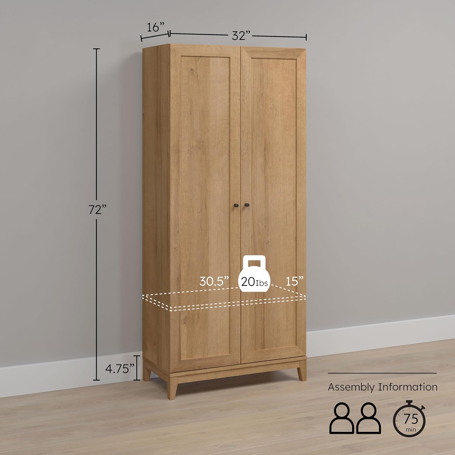 Prepac Yaletown 72" Tall Storage Cabinet with Wood Legs, Pantry Cabinet with 3 Adjustable Shelves, Bathroom, Kitchen and Home Organization in Natural Oak, 16" D x 32" W x 72" H