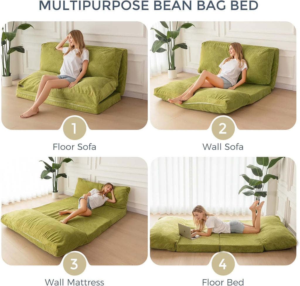 MAXYOYO Folding Sofa Bed, Extra Thick and Long Floor Sofa Convertible Sleeper Chair with Washable Cover, Floor Couch Lounge Bean Bag Bed for Living Room, Green, 30x95 Inch