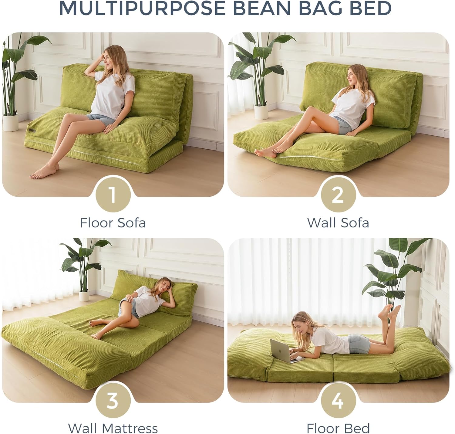 MAXYOYO Folding Sofa Bed, Extra Thick and Long Floor Sofa Convertible Sleeper Chair with Washable Cover, Floor Couch Lounge Bean Bag Bed for Living Room, Green, 30x95 Inch
