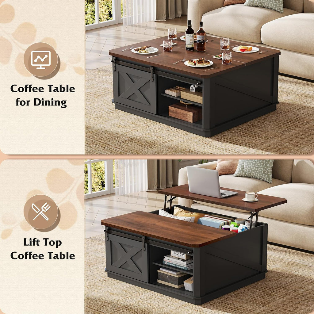 WLIVE Framhouse Coffee Table with Storage, 35.5" Lift Top Coffee Table for Living Room, Square Center Table, Rustic Cocktail Table with Sliding Barn Doors, Curevd Base, Black