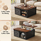 WLIVE Framhouse Coffee Table with Storage, 35.5" Lift Top Coffee Table for Living Room, Square Center Table, Rustic Cocktail Table with Sliding Barn Doors, Curevd Base, Black