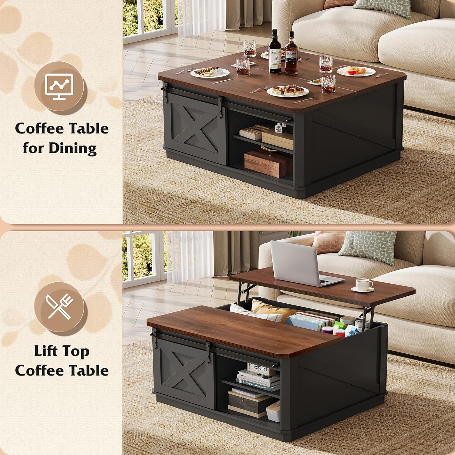 WLIVE Framhouse Coffee Table with Storage, 35.5" Lift Top Coffee Table for Living Room, Square Center Table, Rustic Cocktail Table with Sliding Barn Doors, Curevd Base, Black