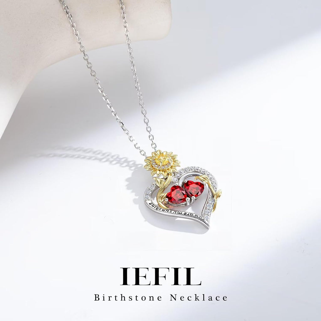 Iefil Mothers Day Gifts - 925 Sterling Silver Sunflower Double Birthstone Necklace for Women, Anniversary Birthday Gifts for Wife Mom