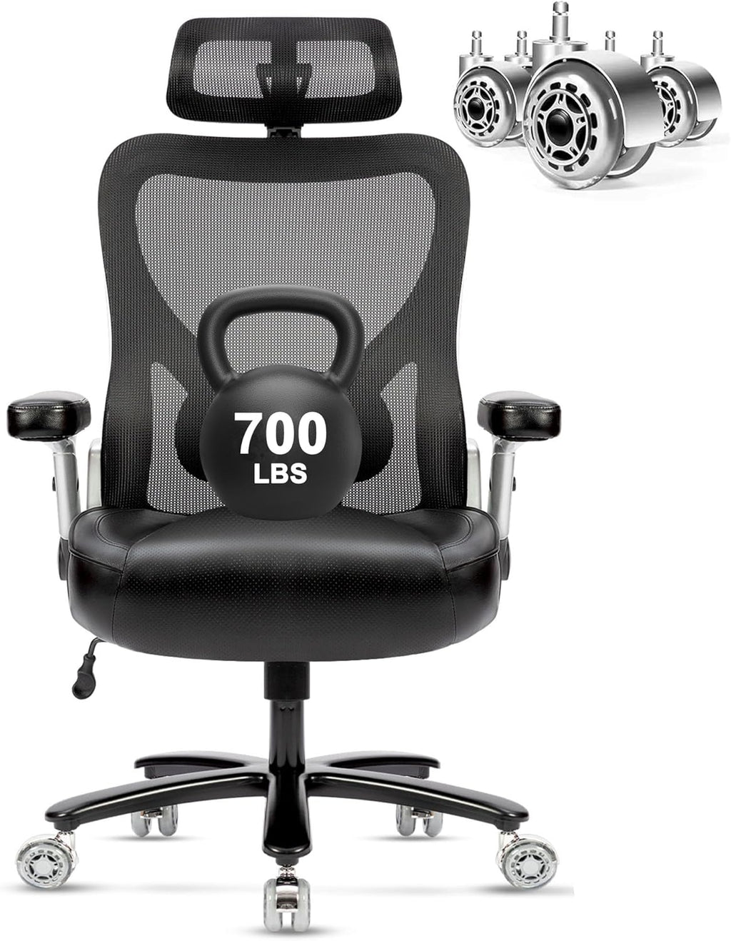 Super Big and Tall Office Chair 700lbs, Heavy Duty Executive Computer Chair with Rubber Wheels 3D Flip Arms, Ergonomic Mesh High Back Desk Chair, Extra Wide Seat Adjustable Lumbar Support and Headrest