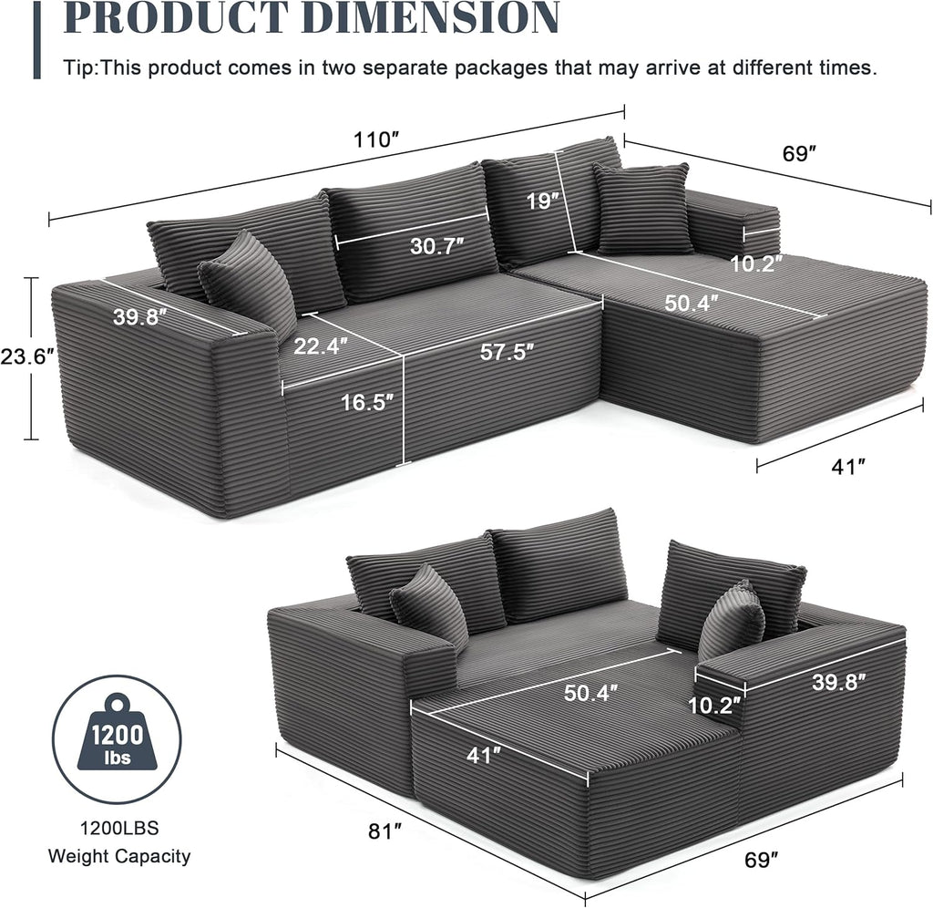 110” Cloud Sectional Couch, Boneless Sofa for Living Room, Modular Sectional Sofa with Deep Seat, Fluffy Couch with L-Shaped Chaise, No Assembly Required (Right-Facing Chaise, Dark Grey)