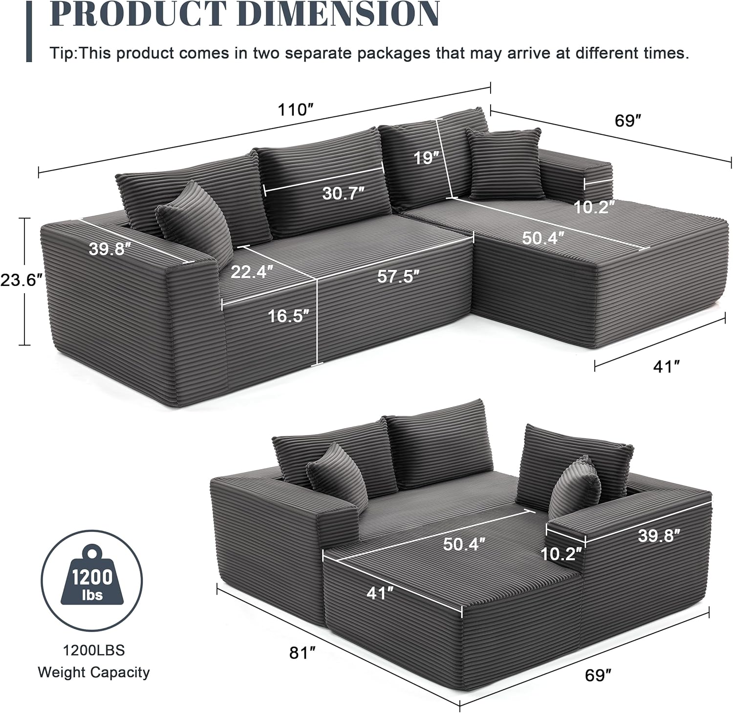 110” Cloud Sectional Couch, Boneless Sofa for Living Room, Modular Sectional Sofa with Deep Seat, Fluffy Couch with L-Shaped Chaise, No Assembly Required (Right-Facing Chaise, Dark Grey)