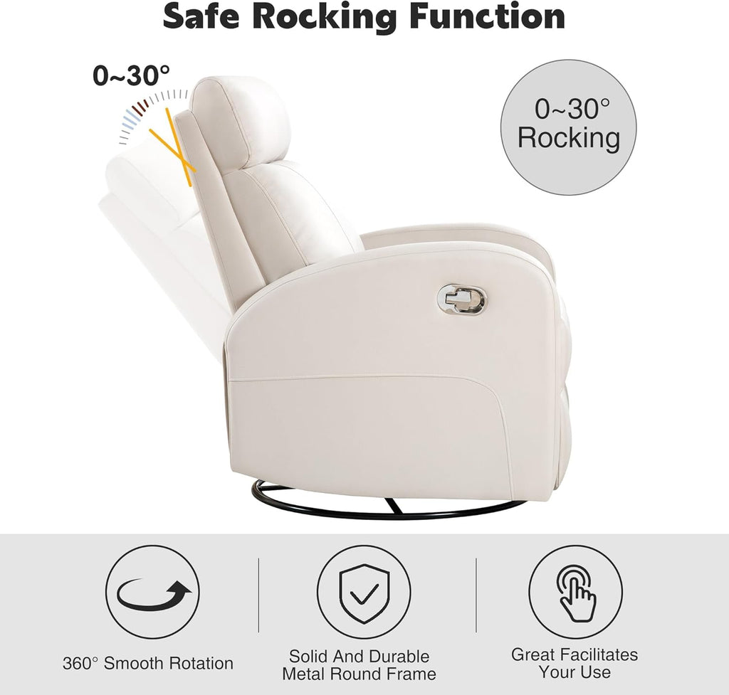 Swivel Rocker Recliner Chair, Manual Faux Leather Recliner, Glider Rocking Recliners 360°Swivel Nursery Reclining Chairs with Adjustable Headrest Highback for Living Room, Cream