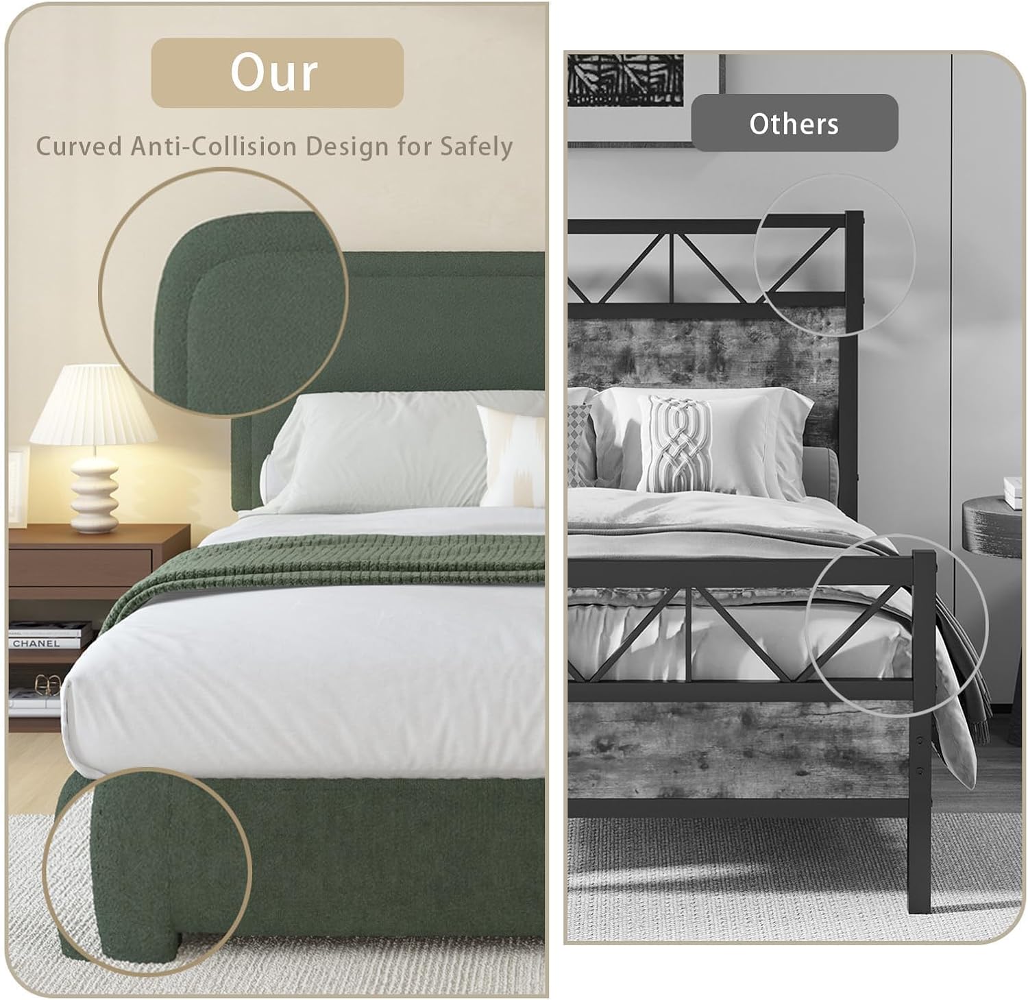 BarnFurin King Size Boucle Bed Frame and Headboard, Cloud Upholstered Platform Bed Frame, Soft Rounded Corners, No Box Spring Required, Non-Slip and Noise-Free, Easy Assembly, Green