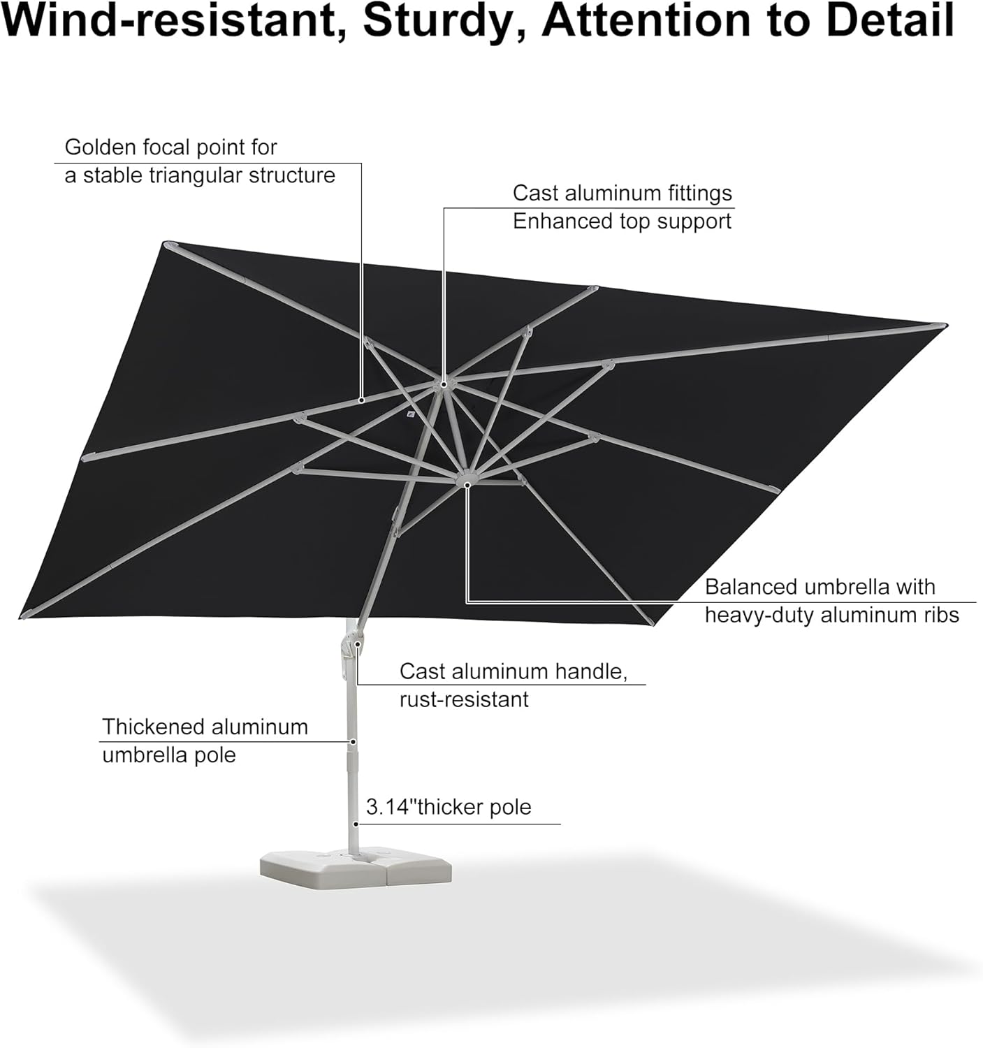 PURPLE LEAF 10' × 13' Patio Umbrella With Base White Cantilever Umbrella Square Outdoor Offset Umbrella Windproof with 360° Rotation for Garden Deck Pool, Navy Blue
