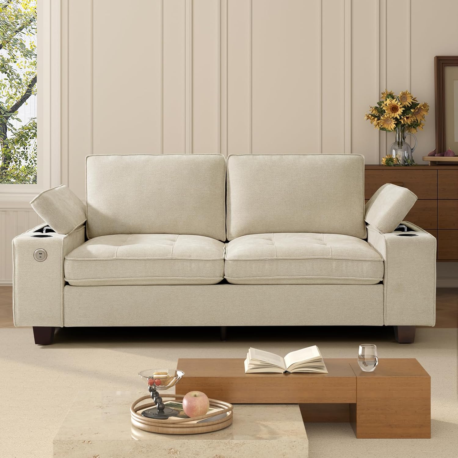 74" Loveseat Couch for Living Room, Modern Chenille Upholstered Sofa with Adjustable Armrest,Storage,Cup Holders,USB & Type-C Ports,Solid Wood 2-Seater Loveseat Sofa for Apartment(Beige)