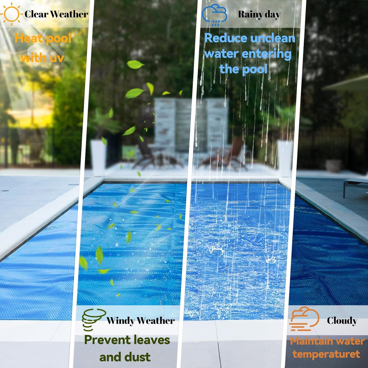 AURSK Solar Pool Cover 12MIL 16x32 Foot Rectangle Solar Pool Blanket for In-ground Pools 1200 Series Insulating Pool Heater Covers
