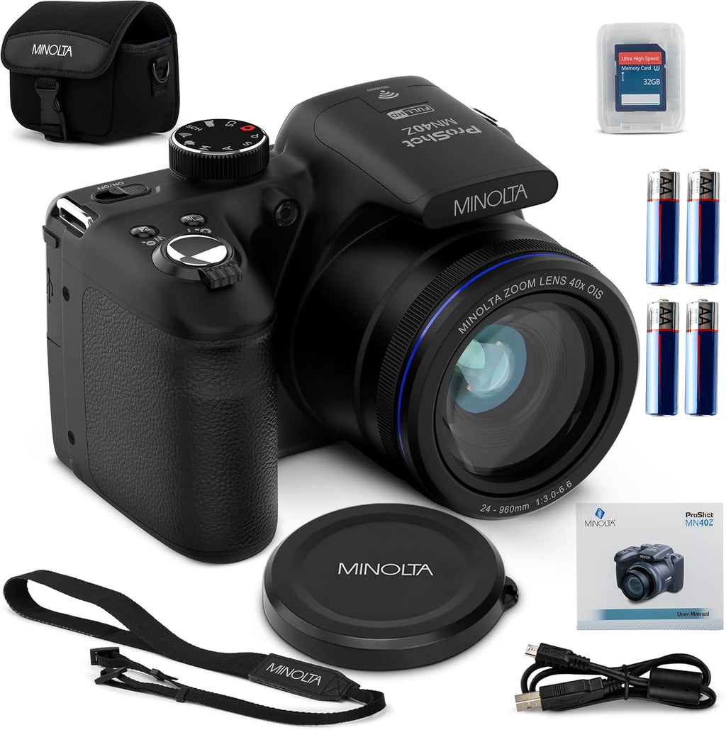 Minolta MN40Z 20MP Digital Camera – 40x Optical Zoom  1080p FHD Video  3.0" LCD  Wi-Fi  Face/Smile/Blink Detection – Black