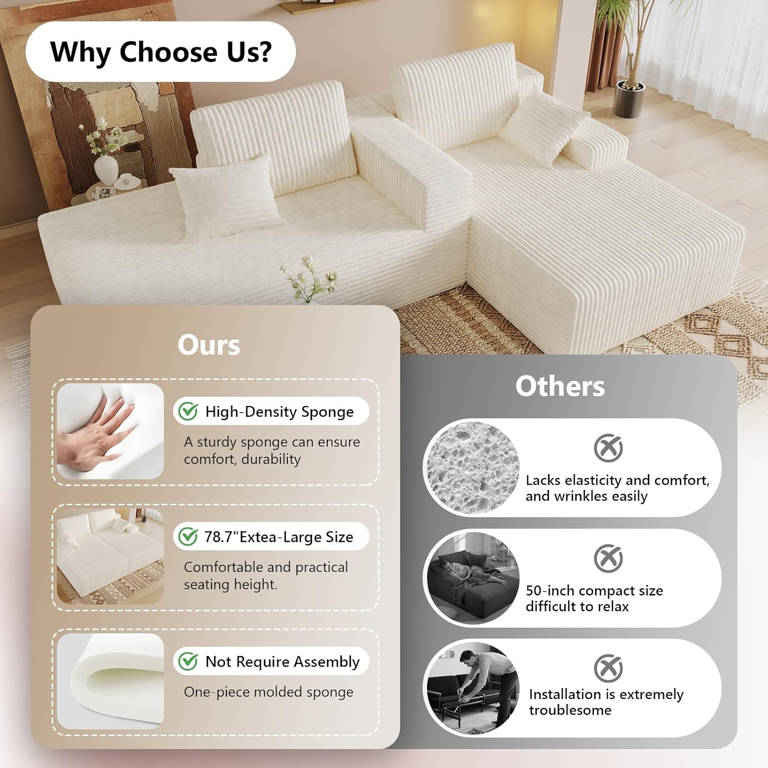 Oversized Double Chaise Lounge Chair Indoor, Sleeper Sofa Couch Bed White Comfy Detachable Flannel Fabric Recliner Bed Upholstered with Throw Pillows for Living Room, Bedroom, Movie Gaming Room