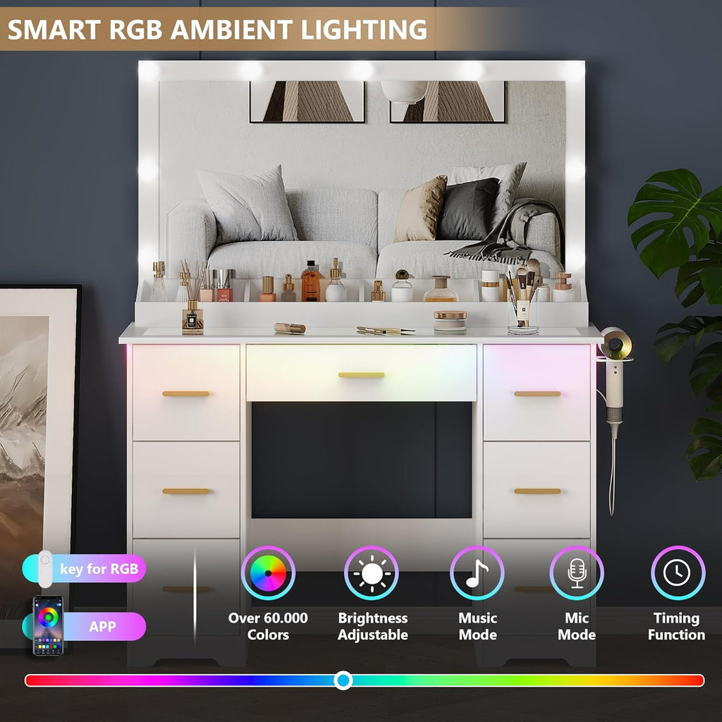 44" Vanity Desk with Mirror and Lights, Glass Top Makeup Vanity with RGB Ambient Lights & 7 Drawers, Large Dressing Table with Power Outlet for Bedroom, White