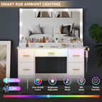 44" Vanity Desk with Mirror and Lights, Glass Top Makeup Vanity with RGB Ambient Lights & 7 Drawers, Large Dressing Table with Power Outlet for Bedroom, White