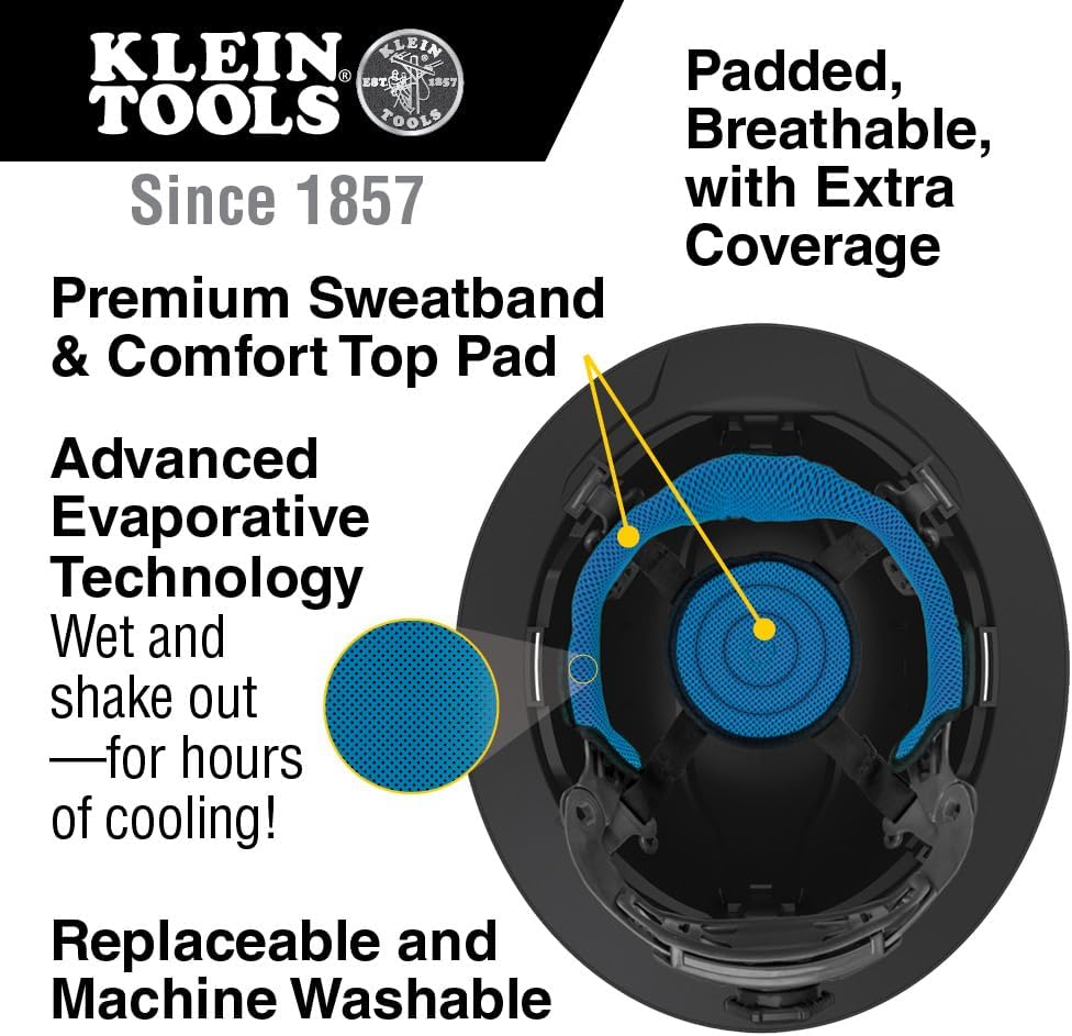 Klein Tools 60346 Hard Hat, Non-Vented Full Brim, Class E, Premium KARBN Pattern, Rechargeable Lamp, Padded Sweat-Wicking Sweatband, Top Pad