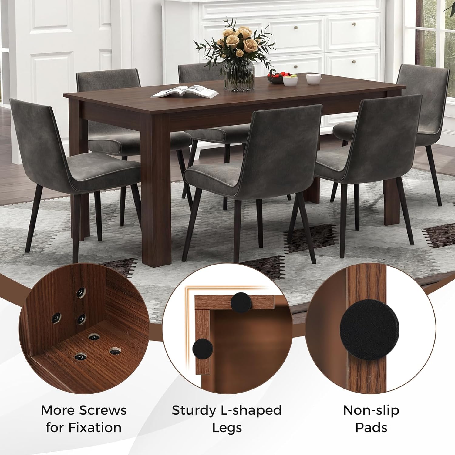 COSTWAY Dining Table for 4-6 People, 63” Rectangular Dining Room Table, Farmhouse Dinette Table with Large Computer Workstation, Modern Kitchen Table for Apartment, Living Room, Restaurant (Walnut)