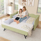 Twin Size Daybed with Pop Up Trundle, Linen Gingham Twin to King Daybed with USB Ports, Upholstered Day Bed Frame, Modern Sofa Bed for Living Room/Bedroom/Guest Room, No Box Spring Needed, Green