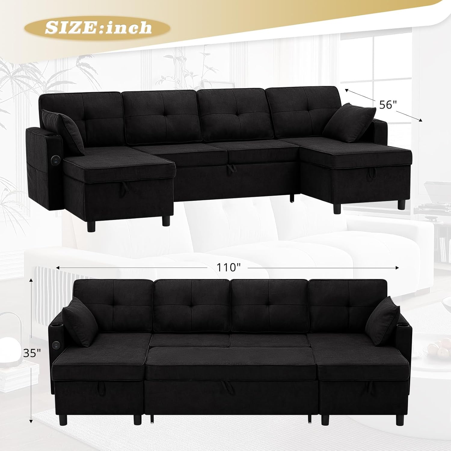 ACMEASE110“ U-Shaped Pull Out Sofa Bed w/Storage Chaise & Adjustable Back, Chenille Sectional Sofa w/USB Port,Tufted Sleeper Couch w/Cup Holders for Living Room, Black