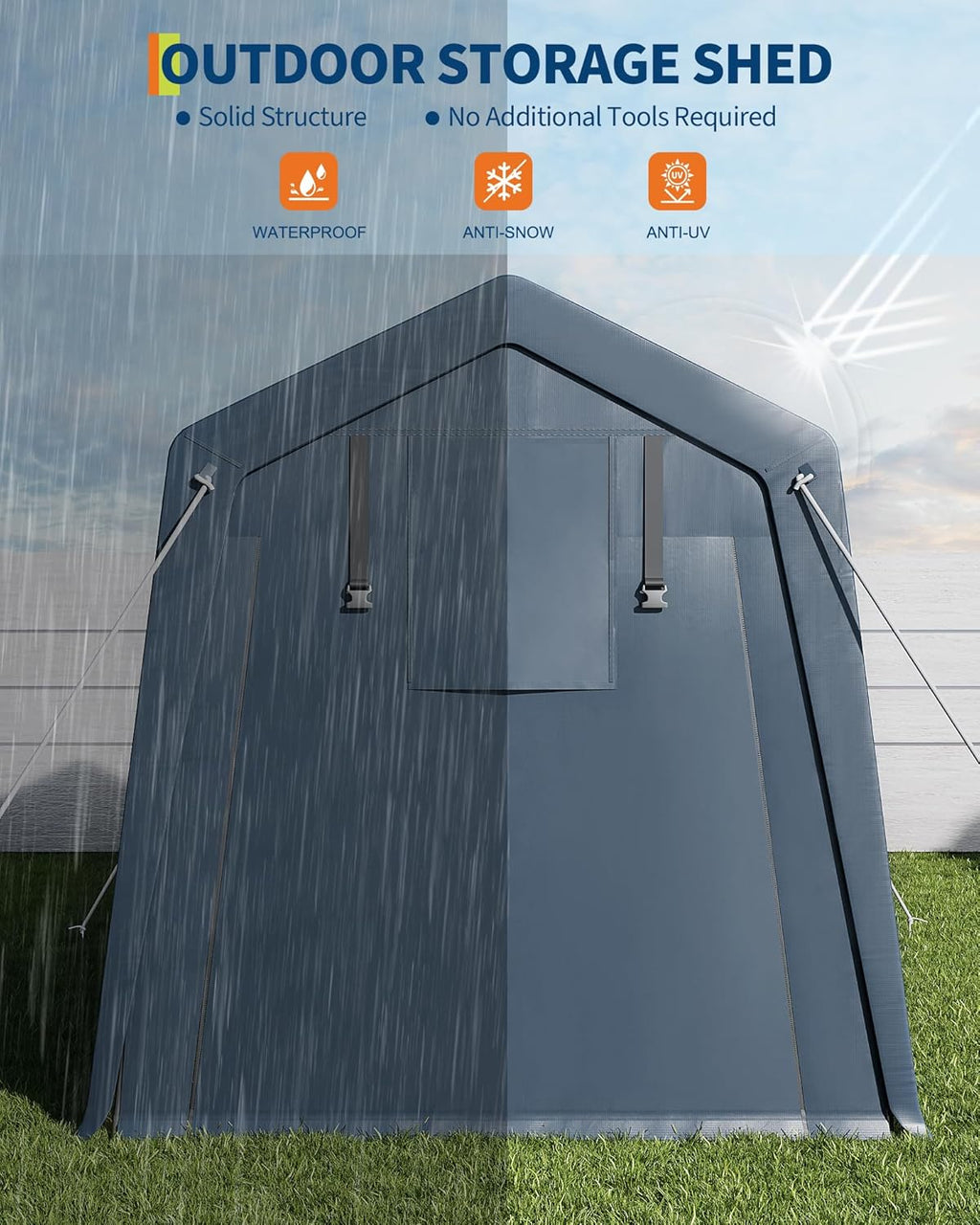 Garvee 6x8x7FT Outdoor Storage Shed Tent, Portable Carport Garage Shelter with Vent & Roll-Up Zipper Door, 240G Waterproof PE Tarp, UV-Resistant Canopy for Motorcycle Bike Tools Lawn Mower, Grey