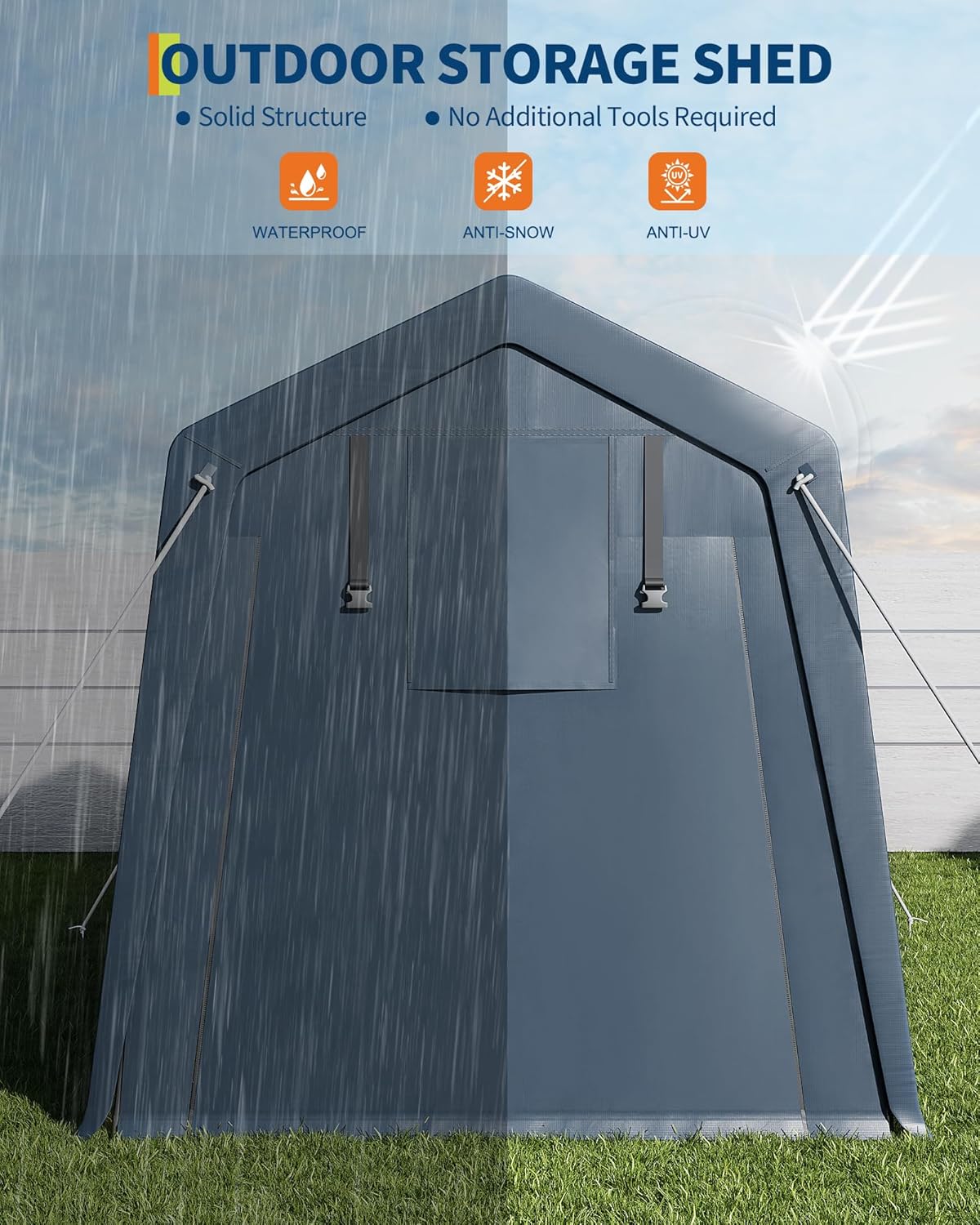 Garvee 6x8x7FT Outdoor Storage Shed Tent, Portable Carport Garage Shelter with Vent & Roll-Up Zipper Door, 240G Waterproof PE Tarp, UV-Resistant Canopy for Motorcycle Bike Tools Lawn Mower, Grey