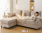 86'' Sectional Couches, L Shaped Couch with Movable Chaise Lounge,Comfy 3 Seats Sofa with Thick Cushion,Wood Legs,2 Throw Pillows,Sectional for Living Room,Bedroom,Apartment,Chenille,Khaki