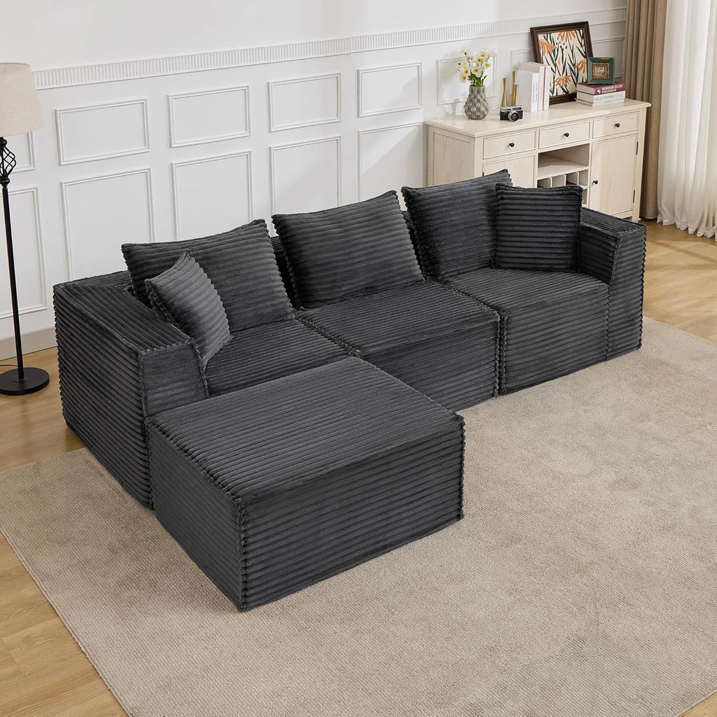 107" Modular Sectional Cloud Couch for Living Room,Deep Seat Boneless Couch,Convertible Sofas with Ottomans,No Assembly Compression Sofas, Comfy Floor Sofa with Memory Foam (3 Seater+1 Ottoman),Grey