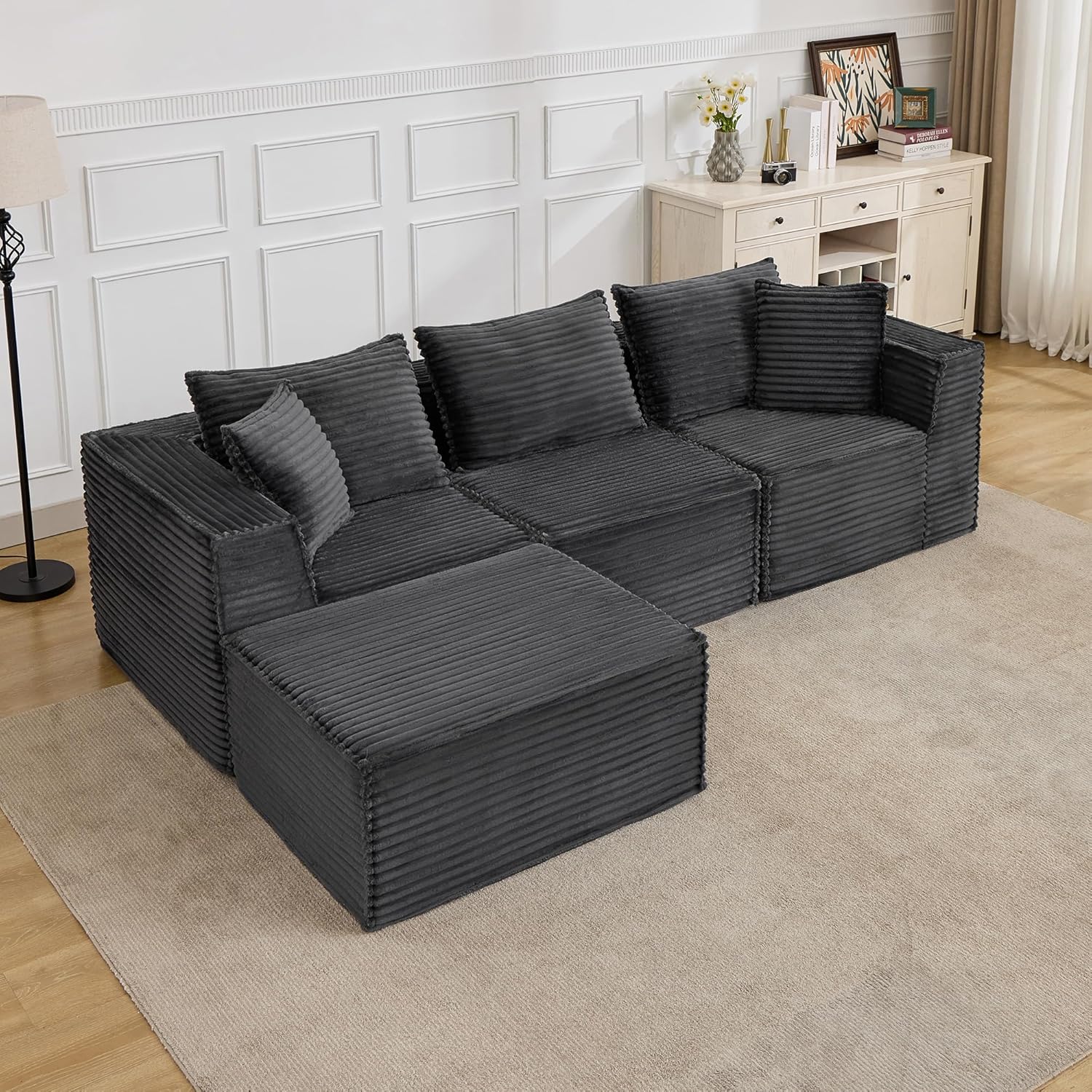 107" Modular Sectional Cloud Couch for Living Room,Deep Seat Boneless Couch,Convertible Sofas with Ottomans,No Assembly Compression Sofas, Comfy Floor Sofa with Memory Foam (3 Seater+1 Ottoman),Grey