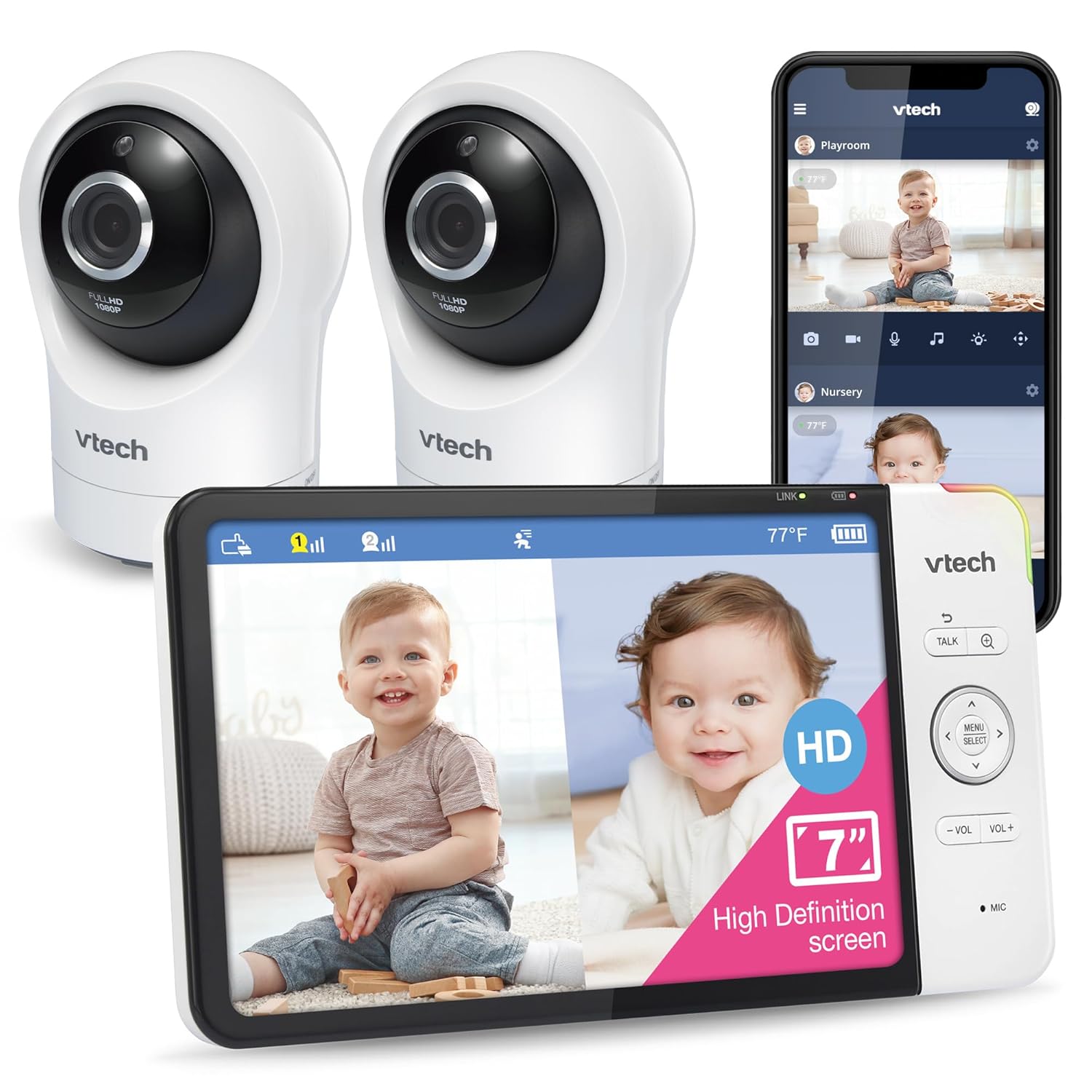 VTech RM7764-2HD Smart WiFi Baby Monitor with 2 Cameras  1080p HD Video  360° Pan & Tilt  10x Zoom  7" HD Parent Unit  Night Vision  Soothing Sounds  2-Way Talk  Temperature & Motion Detection